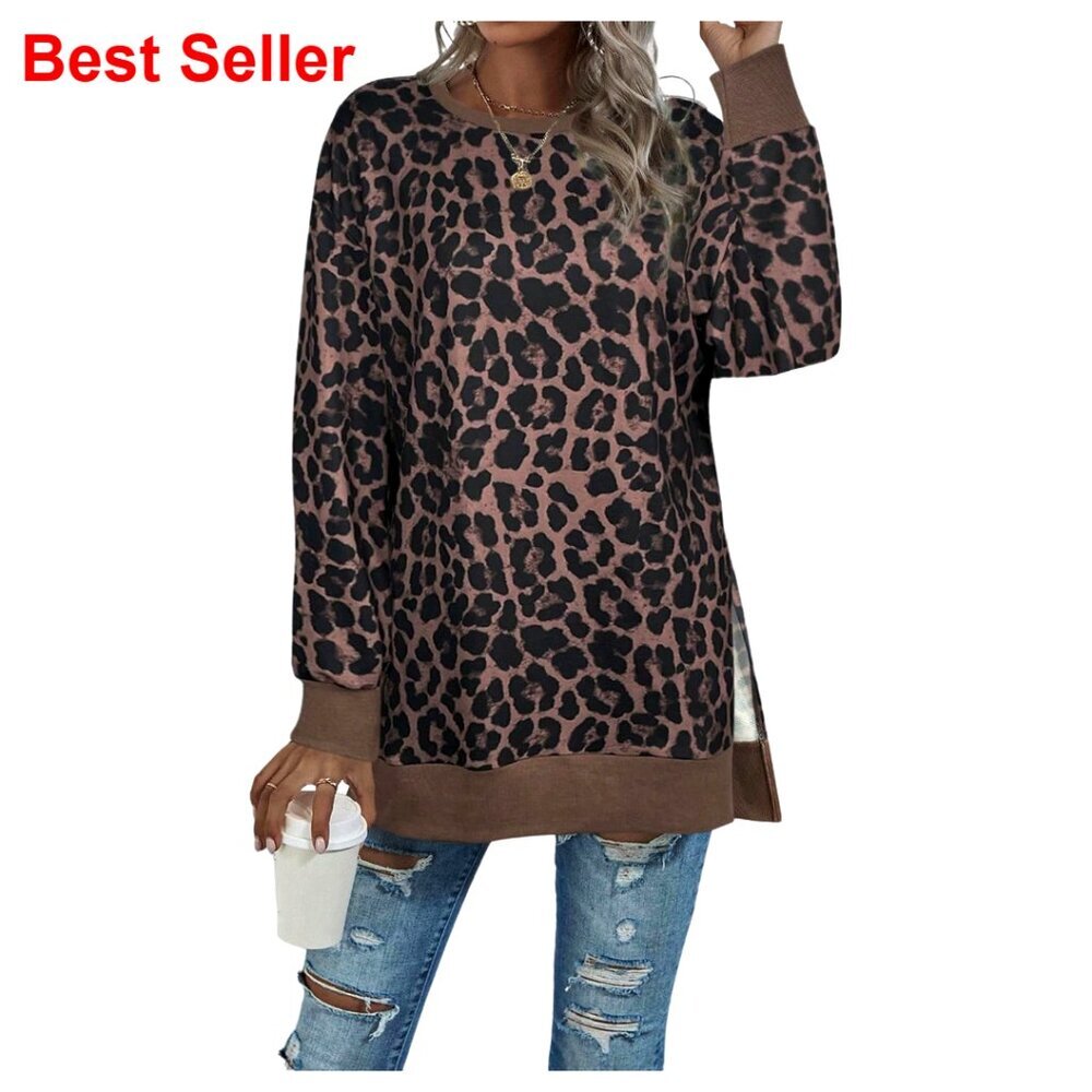 Large Leopard Print Pullover Sweatshirt with Side Slits, Tunic Length